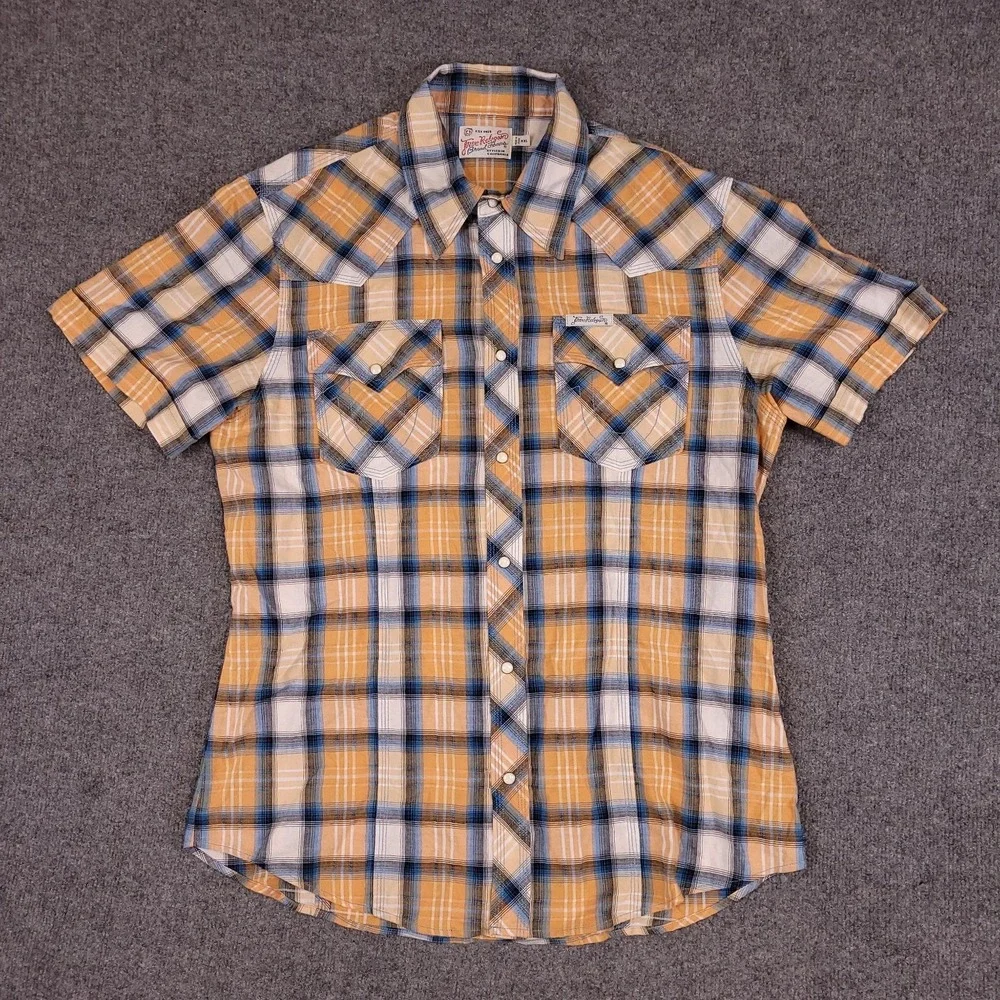 True Religion Men's Western Peal Snap Shirt Orange Blue Plaid XXL Cotton S/S
